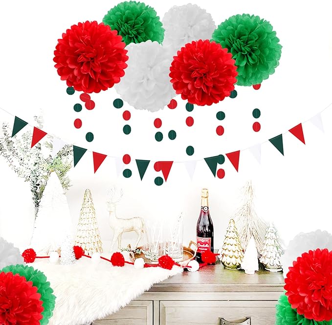 Red-Green White Party-Decorations - 23pcs Mexico Italy Tissue Pom Poms Streamers,Tassel Garland Banner,Mexican Italian Birthday Wedding Baby Shower Decor Bunting Lasting Surprise