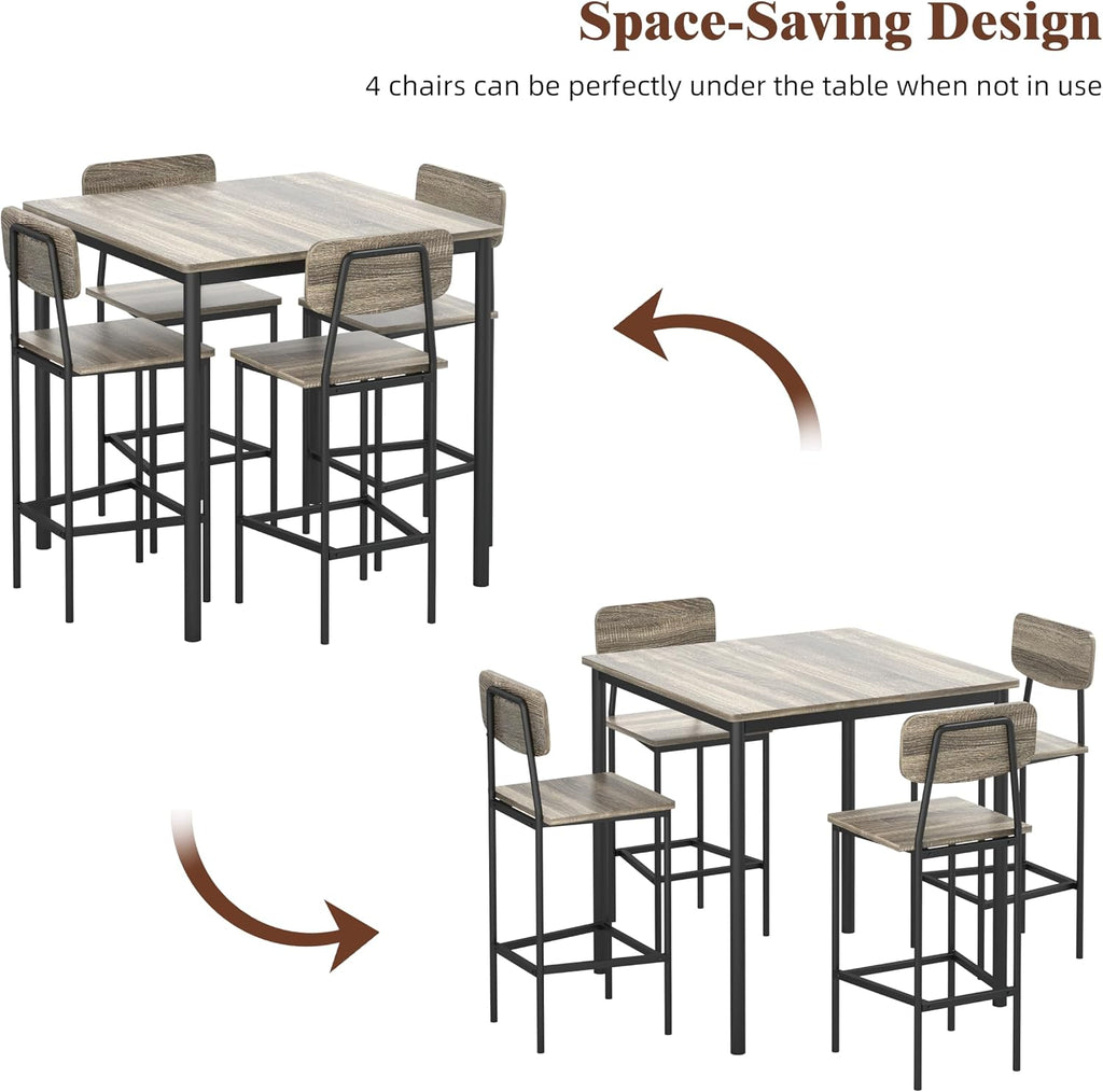 Kitchen Table and Chairs of 4, 5 Piece Dining Table Set | Sturdy Industrial Space Saving Dinette Set for Pub, Family Dinners, Apartment, Gray