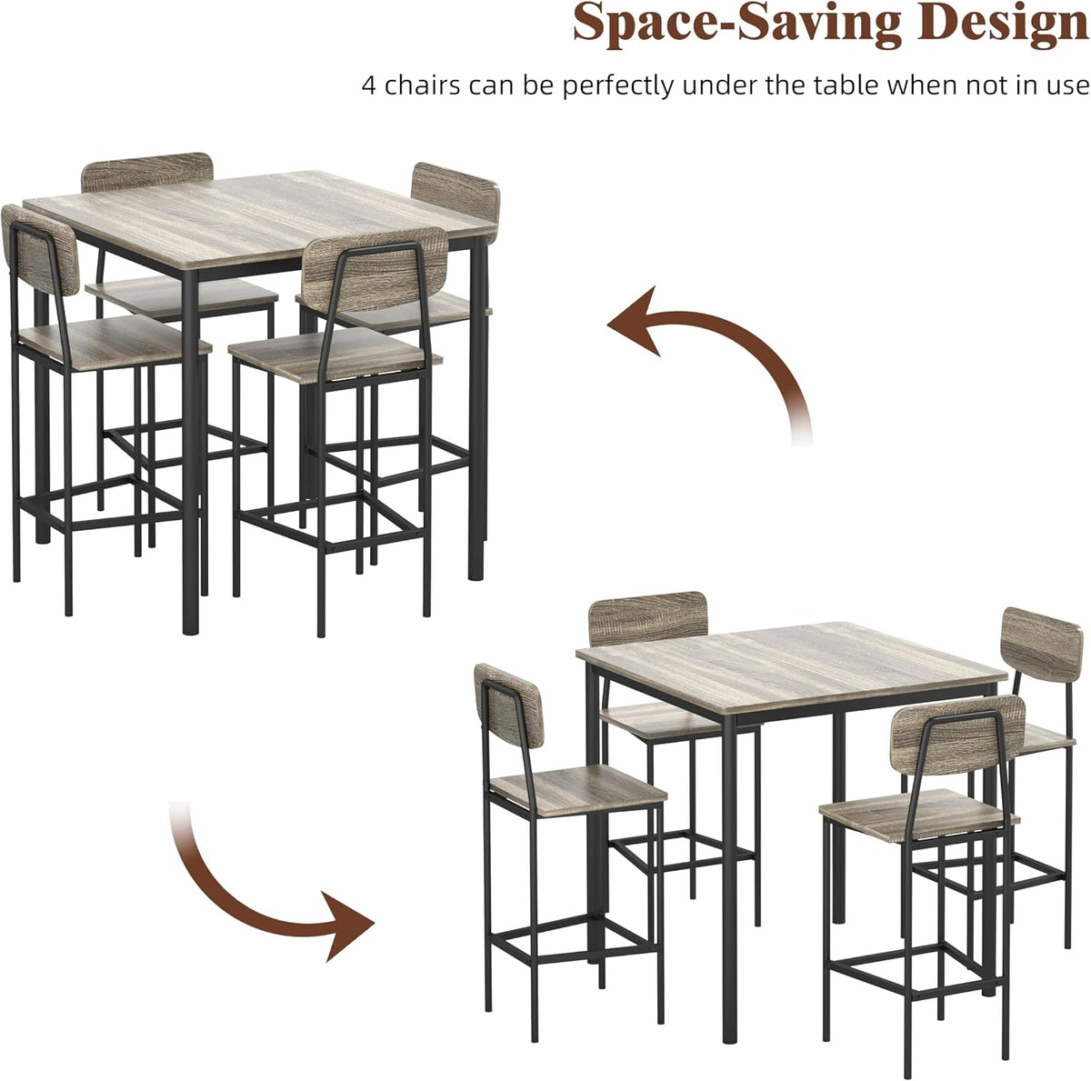 Kitchen Table and Chairs of 4, 5 Piece Dining Table Set | Sturdy Industrial Space Saving Dinette Set for Pub, Family Dinners, Apartment, Gray