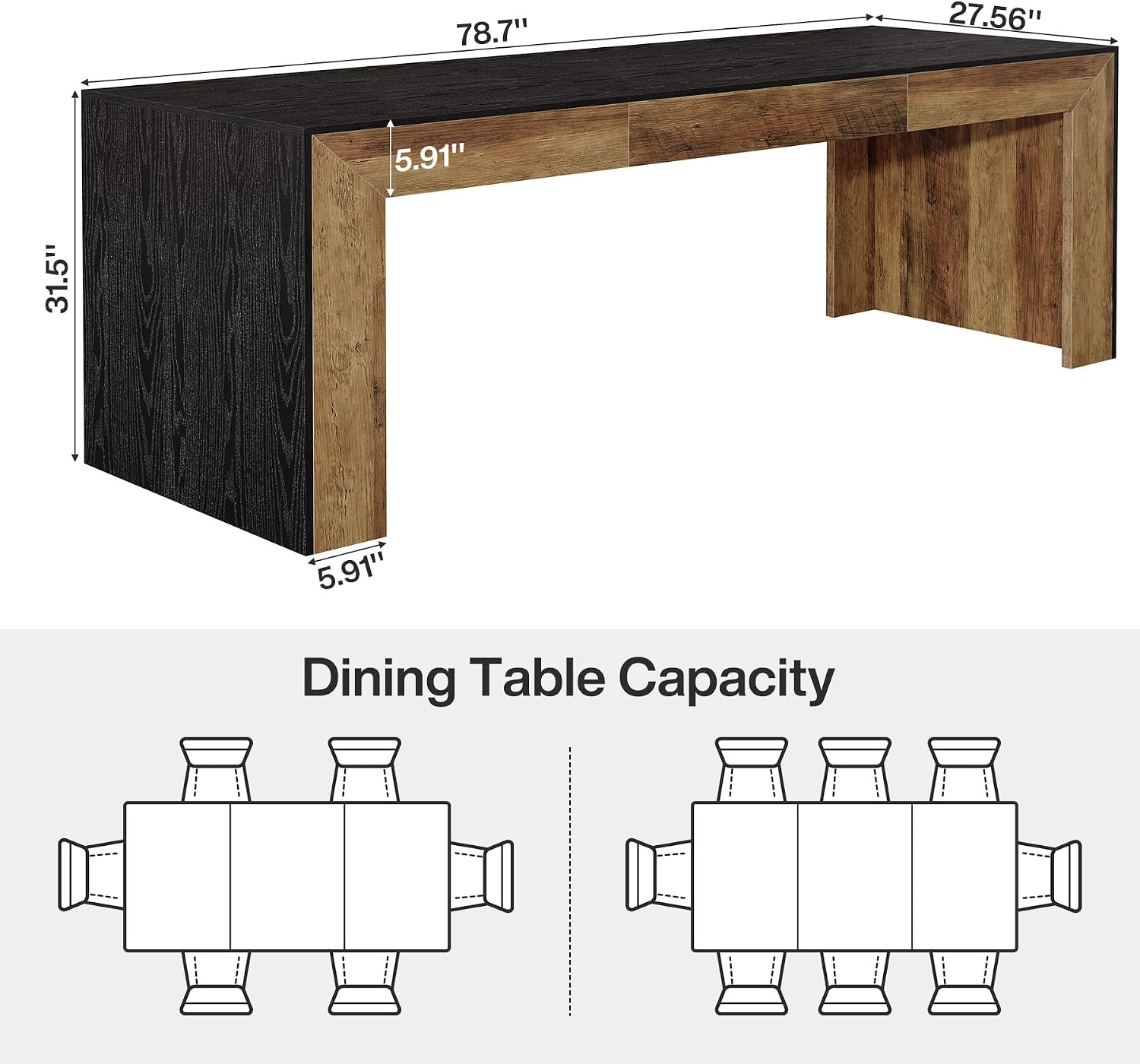 Tribesigns Extra Long Dining Table for 6-8 People, 78.7-Inch Rectangular Kitchen Table with Wooden Tabletop and Legs for Kitchen, Dining Room, Living Room, Heavy Duty, Black+Brown | Wooden Kitchen Table for Dining Room, Living Room, Heavy Duty, Large