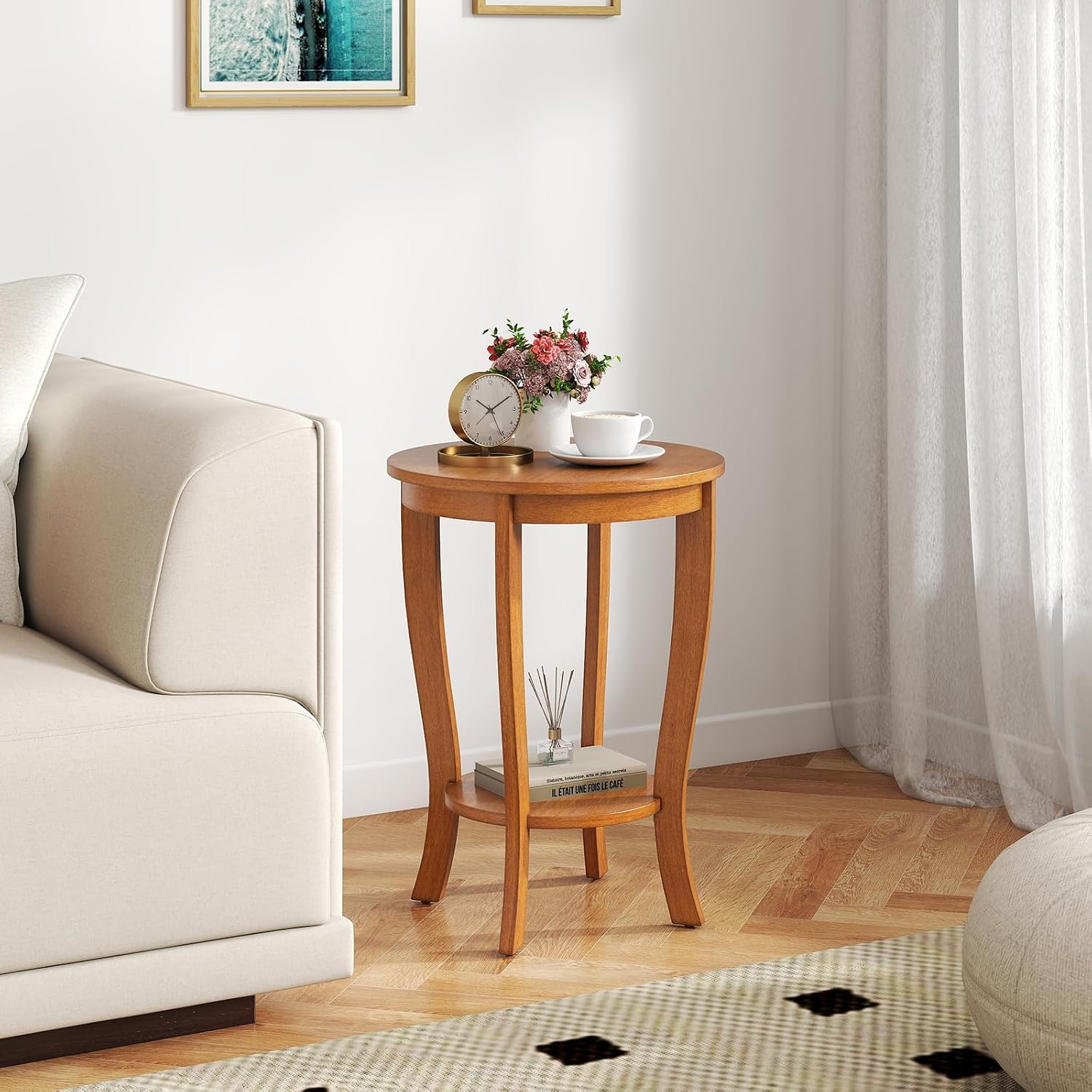 GOFLAME 2-Tier Round End Table, 18” Sofa Side Table with Storage Shelf, Floor Tea Table with Solid Wood Legs, Compact Nightstand for Small Space, Living Room, Bedroom, Light Brown