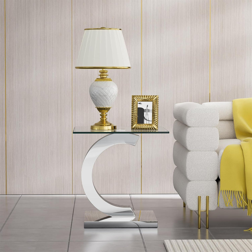Modern Glass End Table Small Silver Side Table with Gorgeous Stainless Steel Base Square Glass Nightstand End Table Small Bedside Table Couch Sofa Table for Living Room Bedroom
