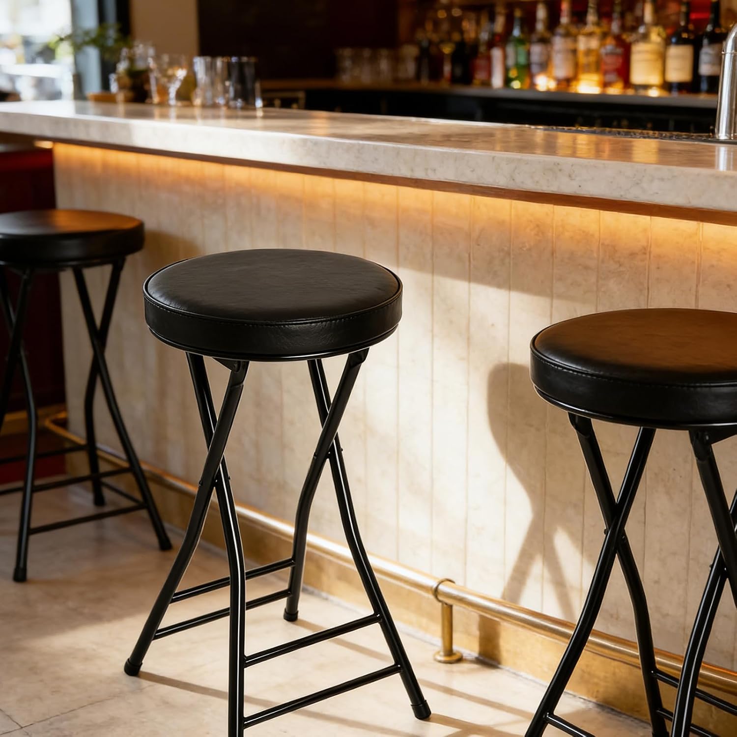 Folding Bar Stool,24 Inch Tall Foldable Stool Chair,Counter Height Cushioned Leather Padded Portable Stools,Heavy Duty Collapsible Stools for Kitchen Island Garden Camping Brown