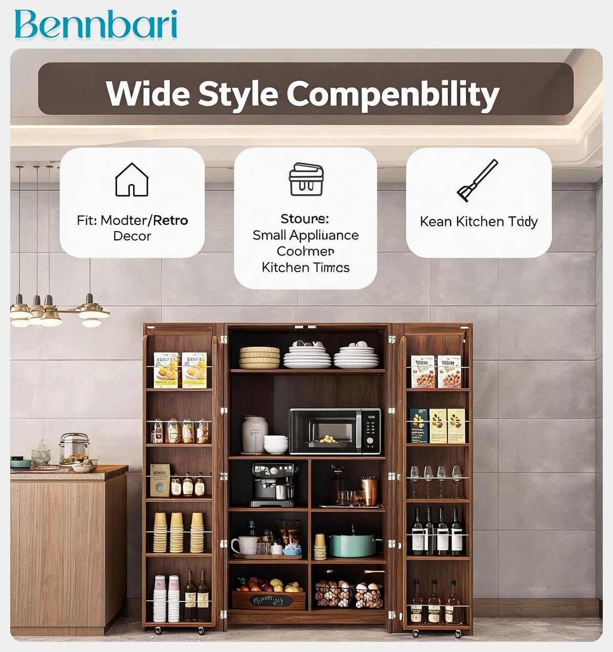 62.8" Tall Kitchen Pantry Cabinet with Shelves and Door Racks, Freestanding Food Cupboard Sideboard for Dining Room, Multifunctional Wooden Buffet Organizer (Walnut)