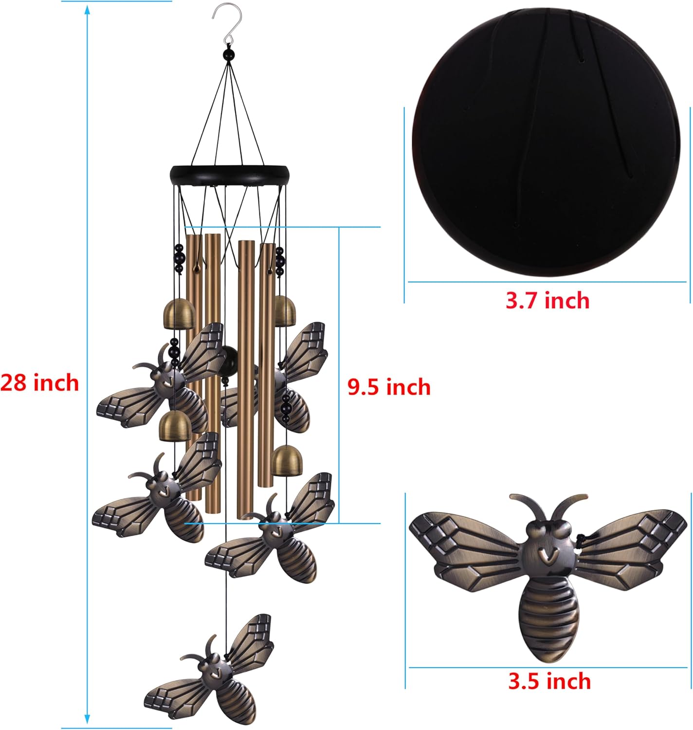Garden Bee Wind Chimes Outdoor Indoor Decor - with 4 Tubes 4 Bells 5 Bees Wind Chime, Mobile Romantic Bee Wind Catcher, Bees Windchimes for Home, Mom Gifts, Balcony, Tree, Festival, Garden Decoration