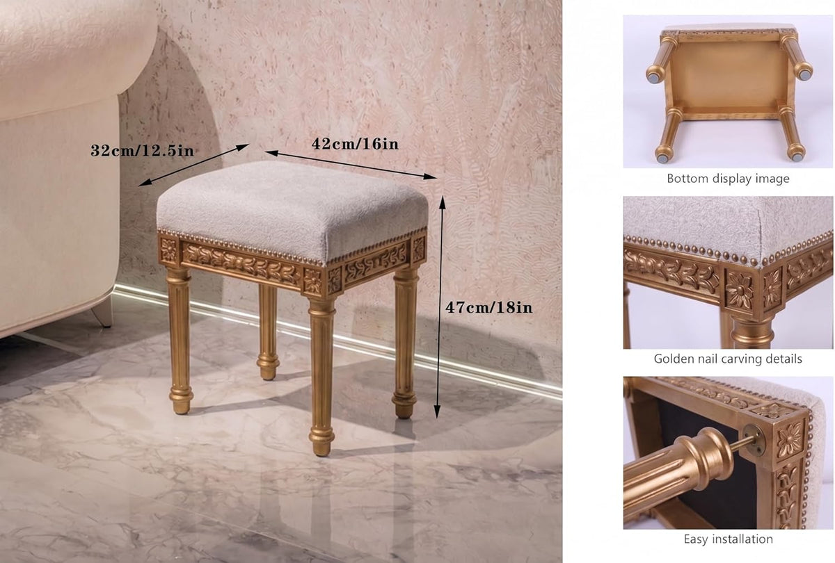 Vanity Stool, French Vintage Square Stool with Cushion, Round Tufted Upholstered for Living Room Dining Room Entryway, Makeup Foot Ottomans