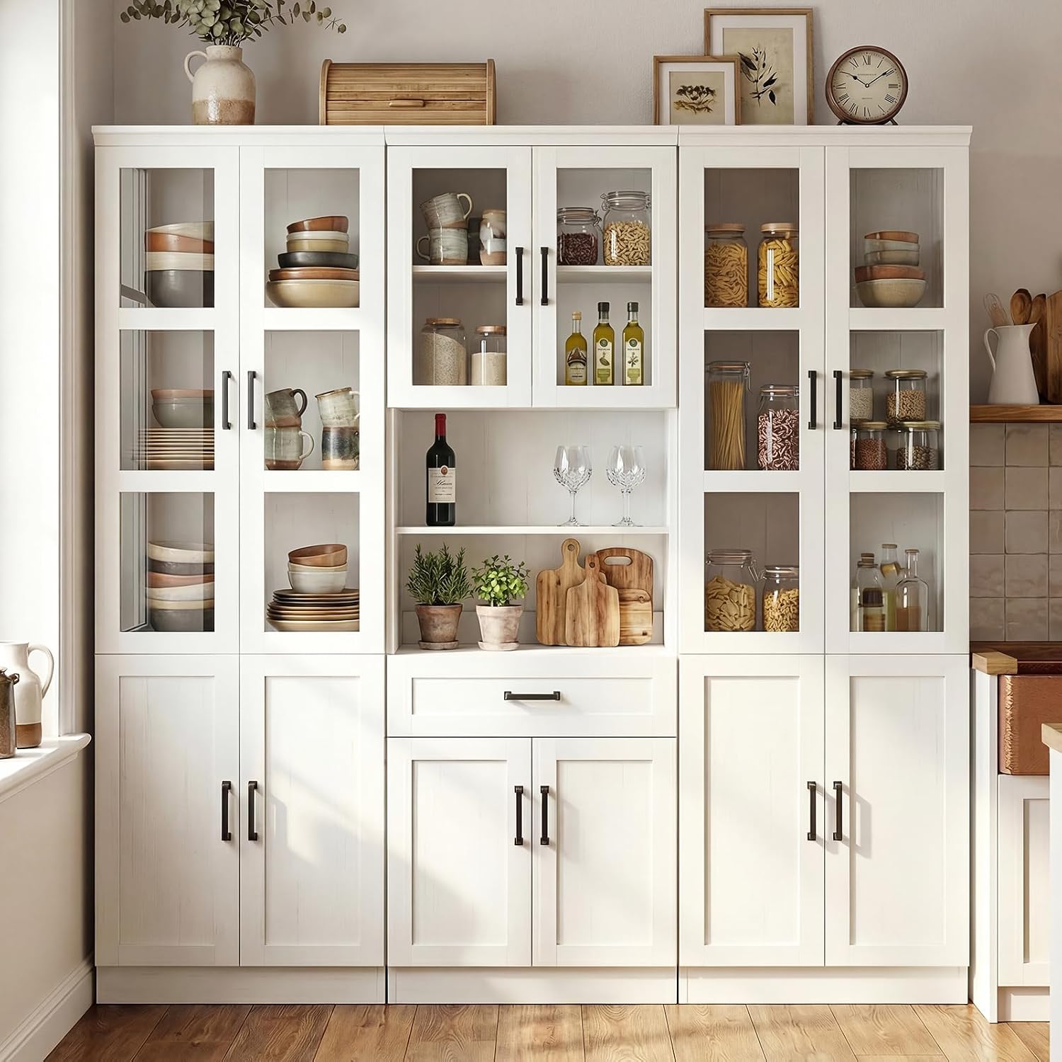 Unikito 79.7" Tall Kitchen Pantry Storage Cabinet, Freestanding Kitchen Hutch Cabinet with Tempered Glass Door, Adjustable Shelves and Drawer, Large Display Bookcase for Living Room Dining Room, White