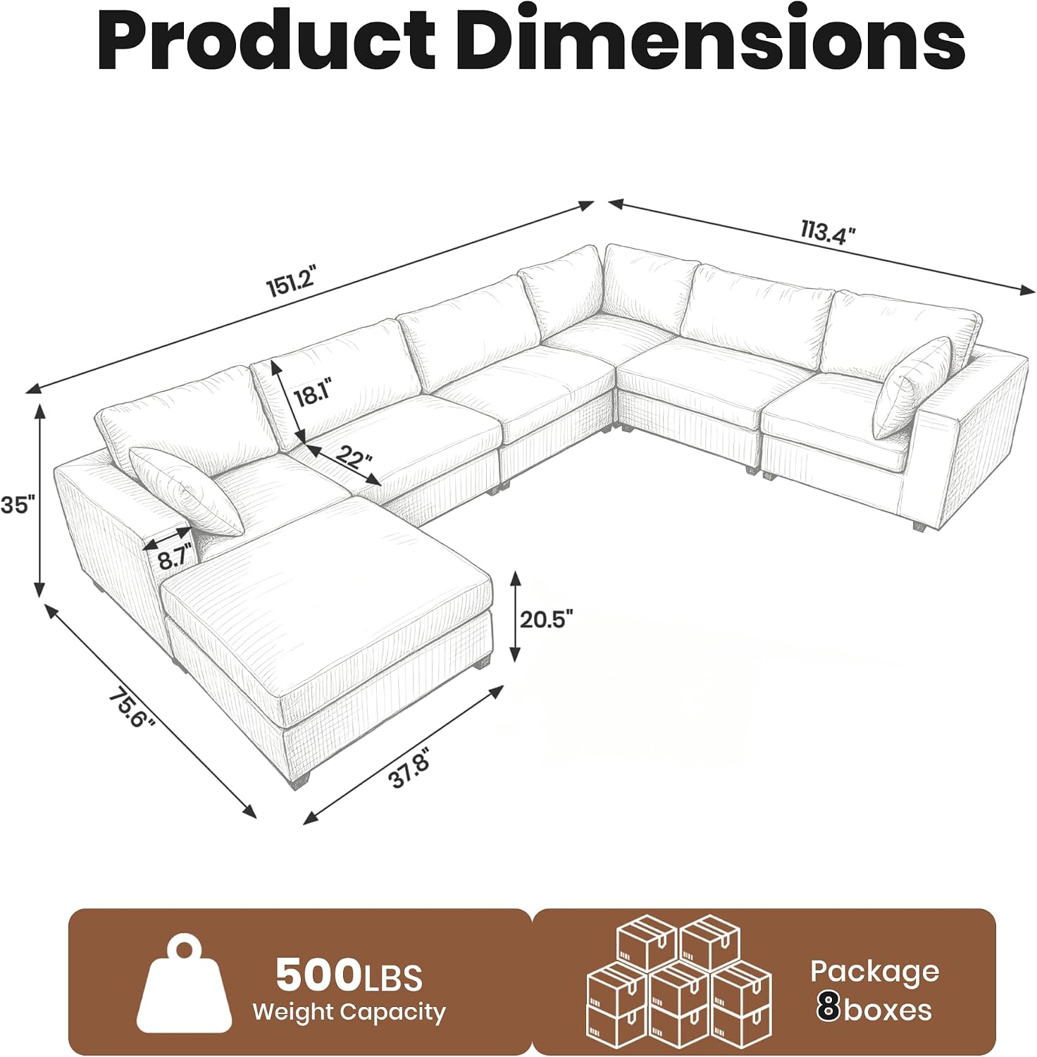 Oversized Sectional Sofa Set, Extra Large Modular Couch with Ottoman, Premium Linen Cloud Couch Deep Seat Sofa Cushion Covers Removable for Living Room (6 Seater+1 Ottoman Black)