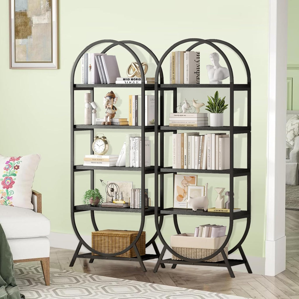 Arched Bookshelf,5-Tier Tall Wide Open Bookshelf,Modern Brown Storage Bookshelves, Freestanding Display Rack Shelving Unit for Office, Bedroom, Living Room, Easy Assembly, Black