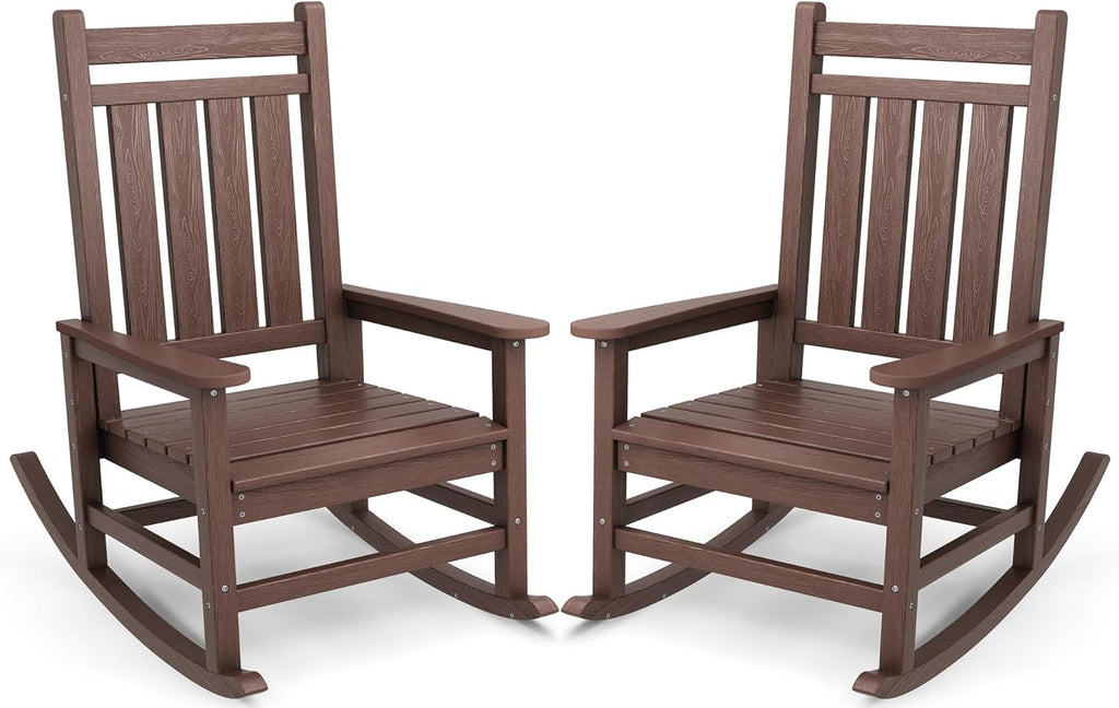 SERWALL Outdoor Rocking Chair Set of 2, HDPE Rocker for Adults, Brown | 21.1" Widened Seat adds Extra Comfort, Oversized Rocking Chair for Adults, All Weather Porch Rocker for Lawn Garden