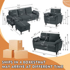 4 Piece Convertible Sectional Sofa Set, Modern Linen Small L Shaped Couch with Reversible Chaise, 3-Seater Sofa & Loveseat & Armchair for Living Room, Office, Apartment, Dark Grey