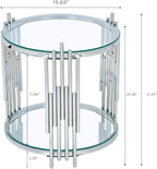 19.69” Round Glass End Table, 2-Tier Side Table with Clear Tempered Glass Top Silver Mirrored Stainless Steel Legs, Modern Luxury Nightstand Bedside Table with Lower Shelf for Living Room