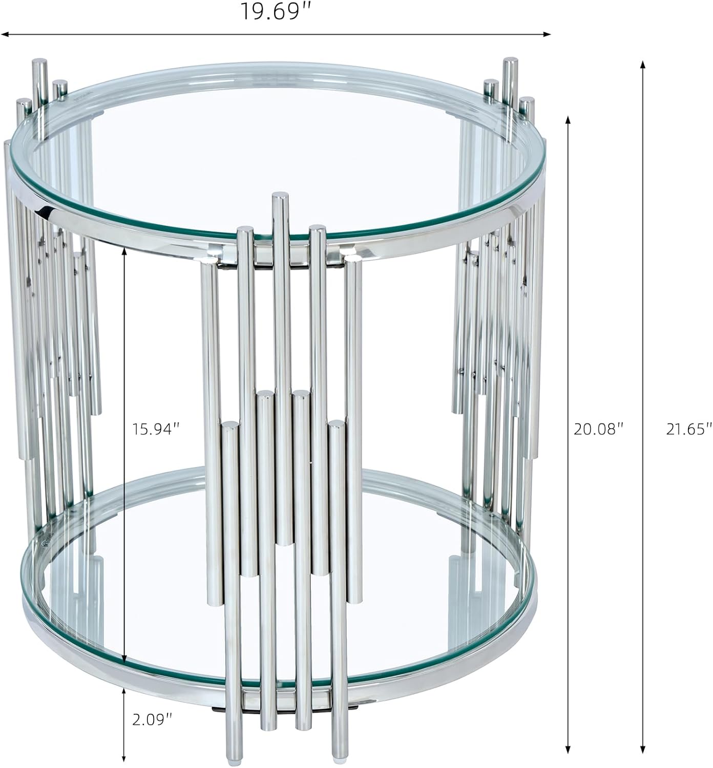 19.69” Round Glass End Table, 2-Tier Side Table with Clear Tempered Glass Top Silver Mirrored Stainless Steel Legs, Modern Luxury Nightstand Bedside Table with Lower Shelf for Living Room