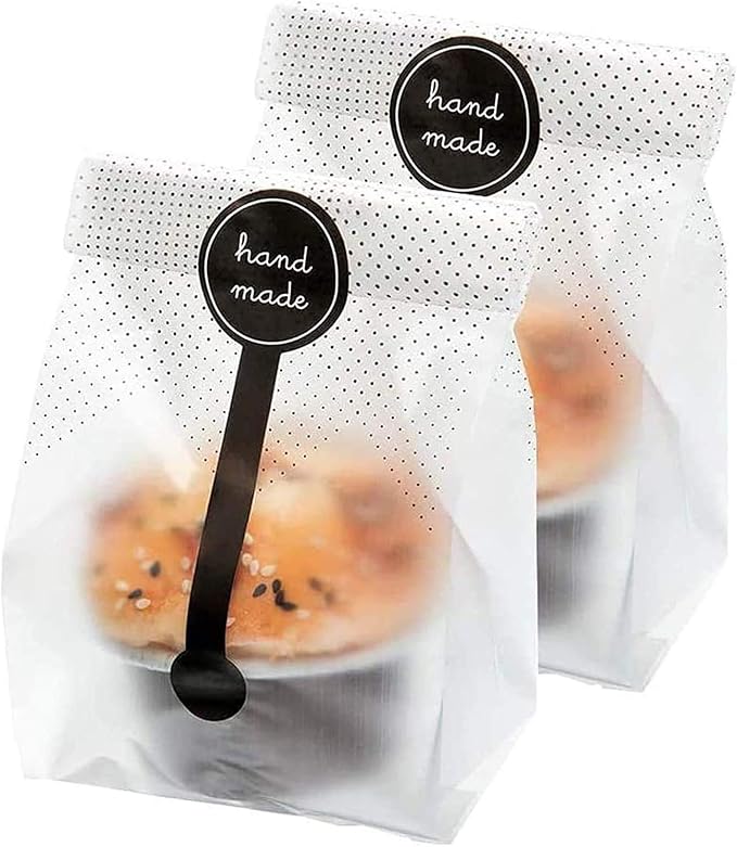 (200Pcs)100pcs Translucent Plastic Bags/Bakery Bags with 100pcs Hand made Stickers for Cookie Cake Chocolate Candy Snack Wrapping Good for Bakery Party Supplies