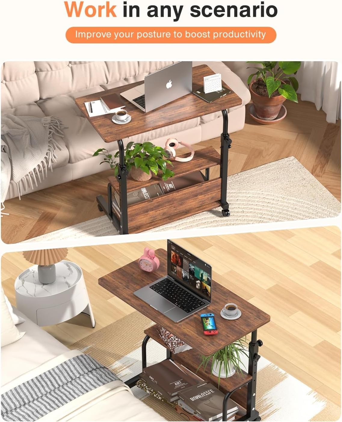 QZMDSM Portable Rolling Desk on Wheels Adjustable Height Desks for Small Spaces, 32" Computer Desk Drafting Tables with Storage Shelves for Home Office Rustic