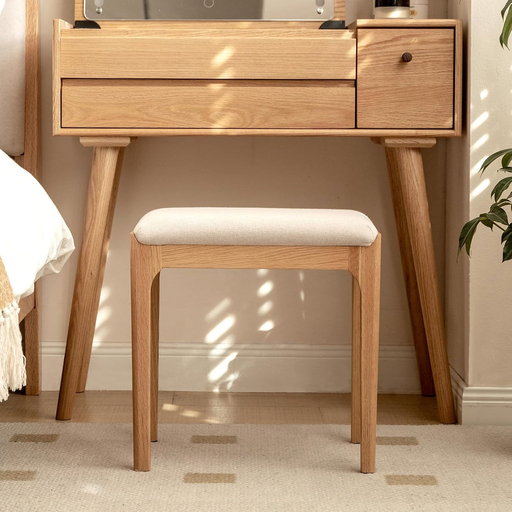 Solid Wood Small Vanity Stool Chair, High-Rebound Sponge Seat, Easy Assembly Makeup Chair, Footstool for Bedroom, Dining Room, Entryway, Natural Oak