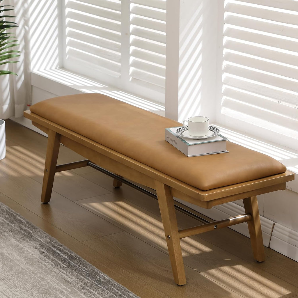51'' Entryway Bench Leather Upholstered Shoe Benches Farmhouse Dining Table Benches for for Hallway Living Room Bedroom End of Bed, Brown
