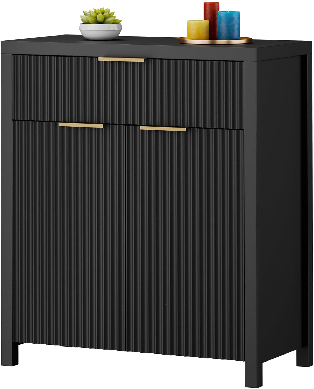 YaFiti Storage Cabinet Fluted Sideboard Buffet Cabinet with Adjustable Shelves & Quality Wooden Tabletop, Modern Accent Credenza Media Console for Living Room, Entryway, Hallway, Black