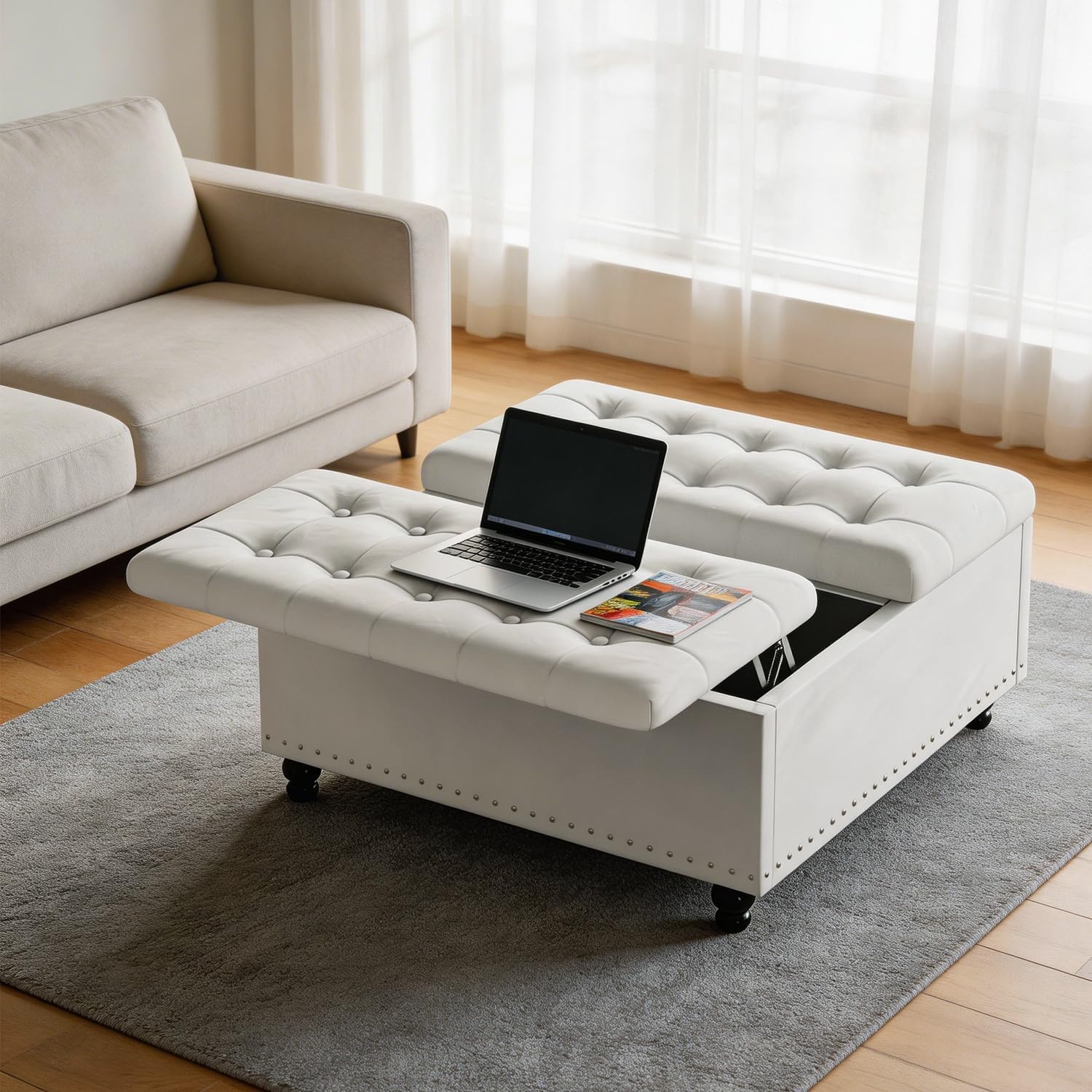 FUXA 35" Large Square Ottoman with Storage and Lift Top, Wood Legs, Beige | Oversized Coffee Table, Tufted Upholstered Bench, Sturdy Construction, for Living Room