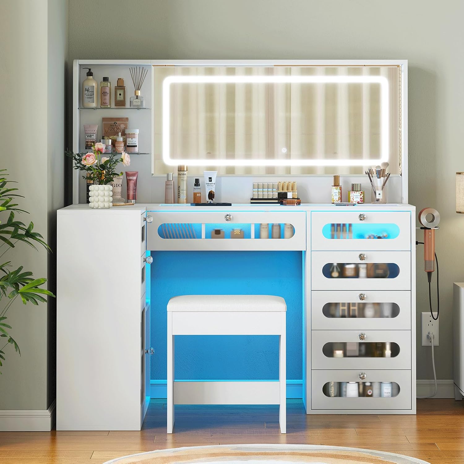 Makeup Vanity for Women with Mirror and Lights, 8 Drawers Big Modern Vanity , Transparent Top Vanity Desk with 2 RGB Drawers, with Power Outlet & Stool, Modern Ample Storage Dressing Table, White