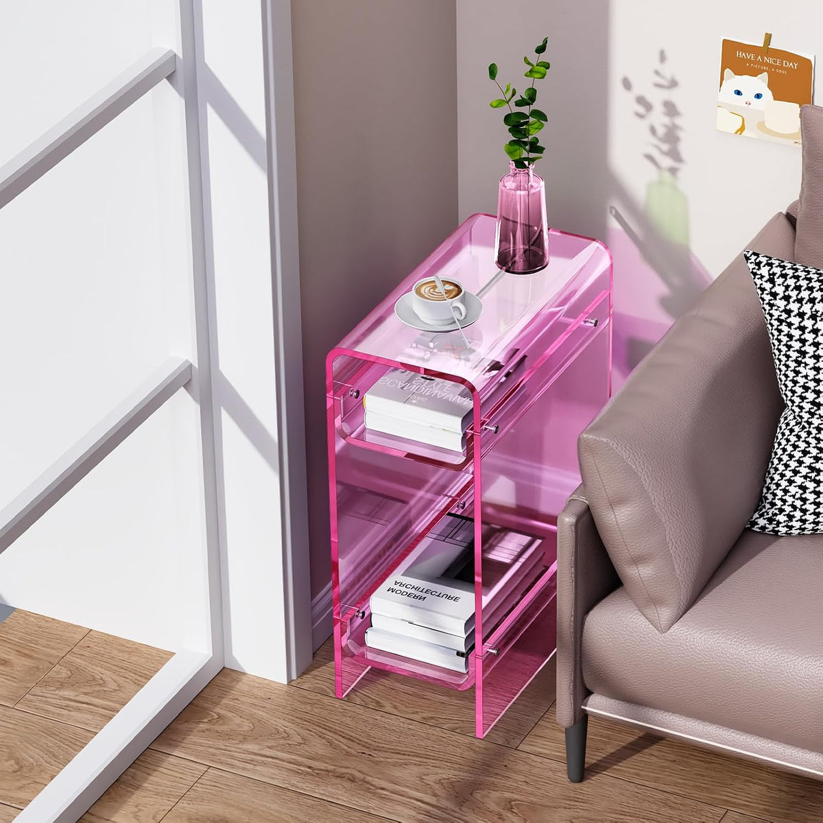 Clear Acrylic Side Table, Narrow Nightstand Bedside Table for Bedroom, Skinny Small End Table (Pink, 8.7'' x 15.7'' x 21.7")