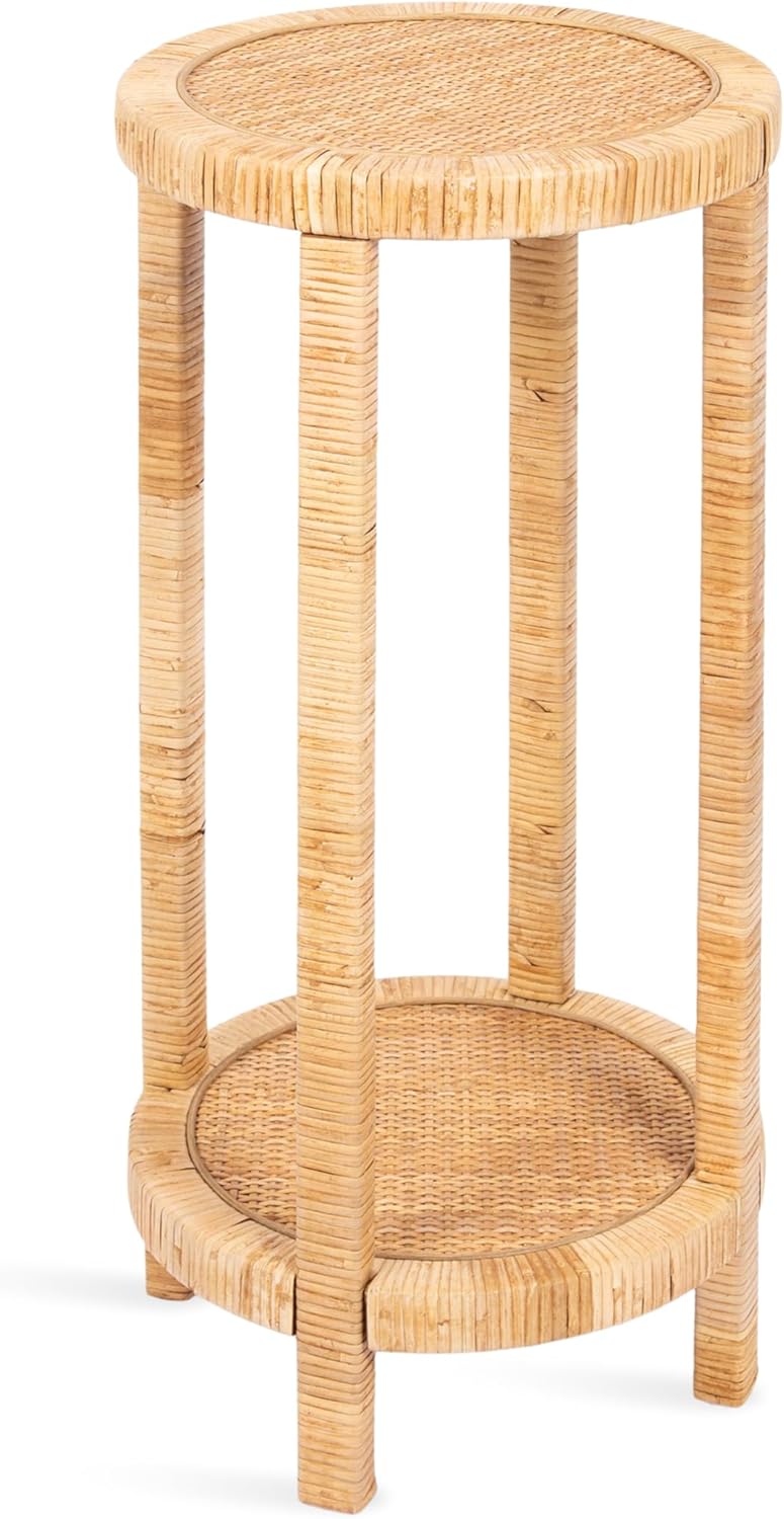 Kate and Laurel Rafina Round Rattan Drink Table, 13 x 13 x 28, Natural Brown, Transitional Boho Circle Wooden Accent Pedestal Table for Indoor Plant Stand or Living Room Decor Accent