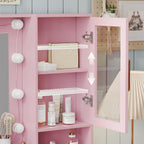 Makeup Vanity with Lights & Charging Station, Pink Vanity Table with 5 Drawers & Open Storage Shelves, Vanity Desk with Mirror & Lights, Dressing Table Set, Bedroom Makeup Table Set Gold Handle