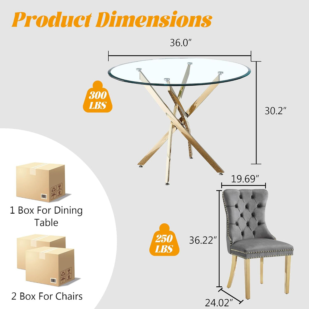 Glass Dining Table Set for 4, 5-Piece Round Tempered Glass Kitchen Table Set with 4 Velvet Upholstered Dining Chairs for Living Room, Kitchen, Small Apartment (Gold,Gray)