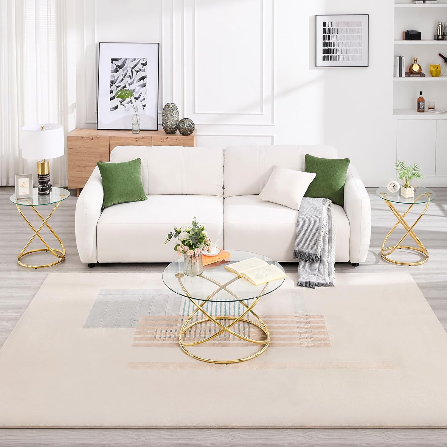 BECHAEO 19.7" Round Glass Gold Side Table with Gold-Plated Metal Ring-Shaped Frame for Living Room, Modern Round Glass End Table Nightstand for Bedroom, Small Side Table for Small Spaces