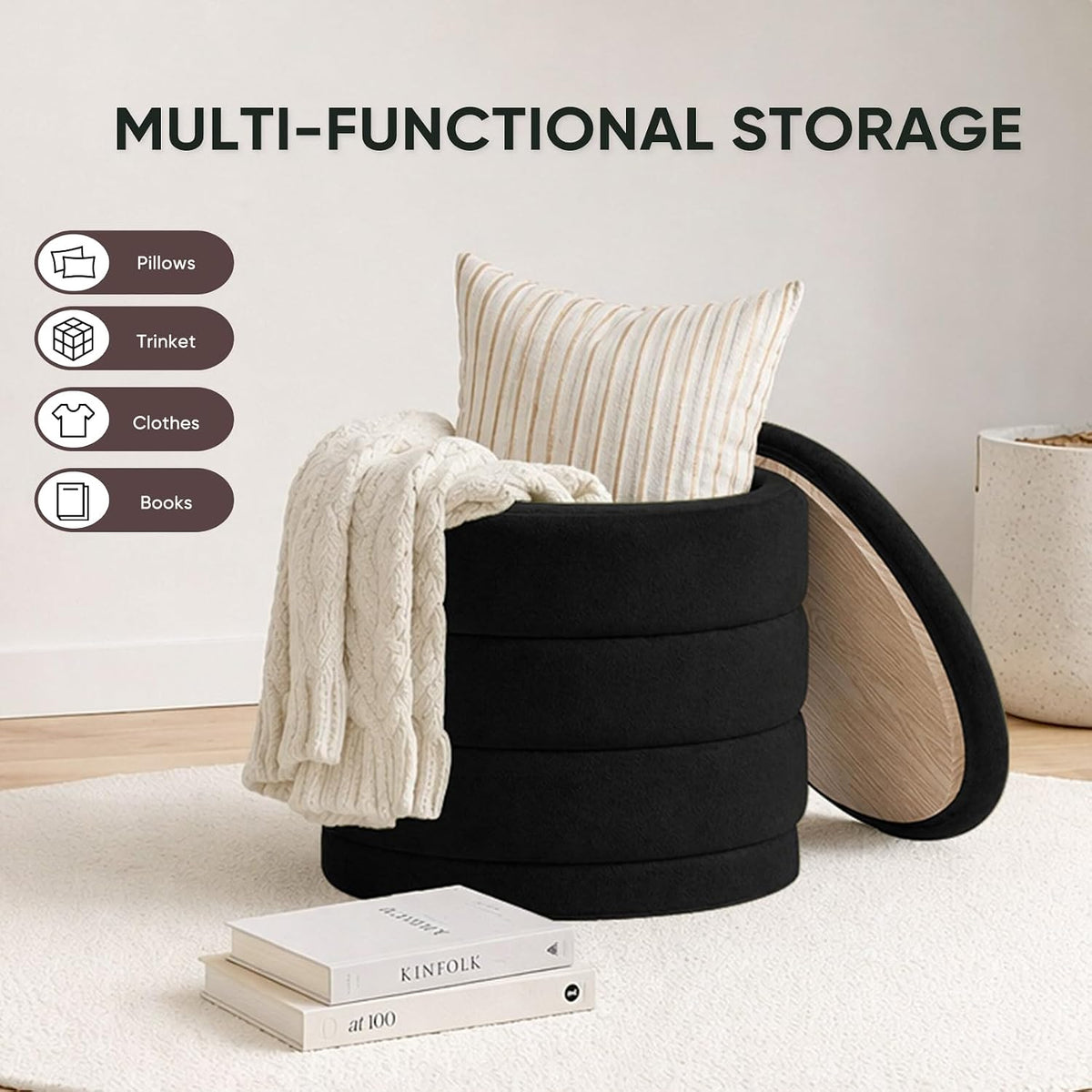 23" Round Velvet Storage Ottoman with Tray | Upholstered Folding Foot Rest Vanity Stool, Multifunctional Coffee Table for Living Room Bedroom Dorm