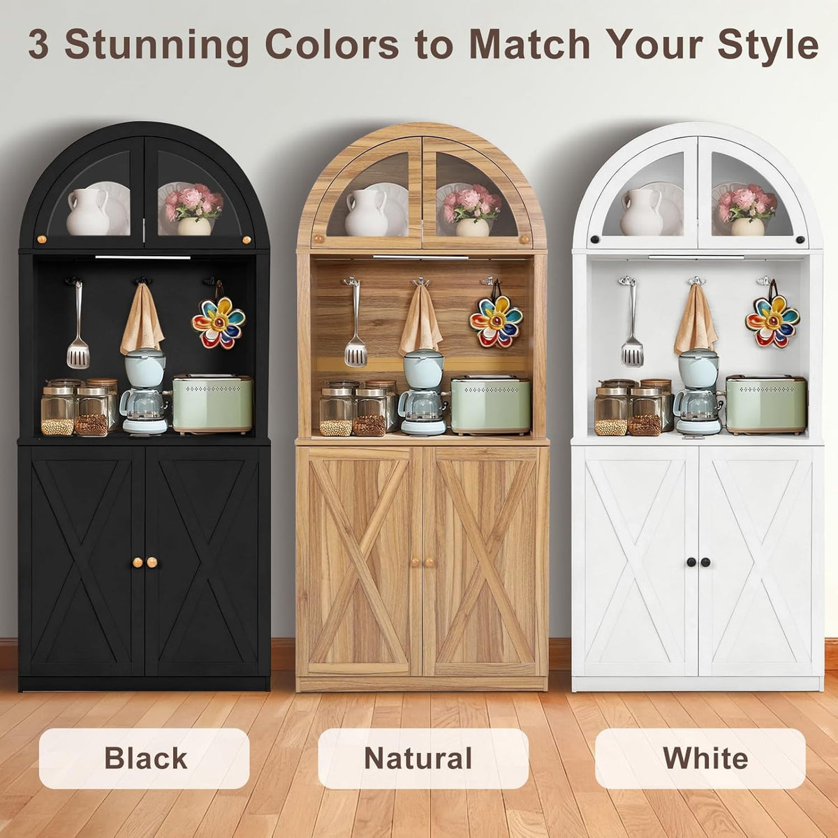 71" Tall Arched Kitchen Pantry Cabinet, Farmhouse Storage Cabinet with LED Light, Adjustable Shelves & Glass Door, Versatile Cupboard for Kitchen, Dining Room, Bathroom
