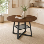 Round Extendable Dining Table, 47.2 to 59 Inch Kitchen Table for 4 to 6 People, Farmhouse Dining Room Table with Metal Mesh Storage Shelf, Walnut Wood Grain Top for Small Spaces Apartment