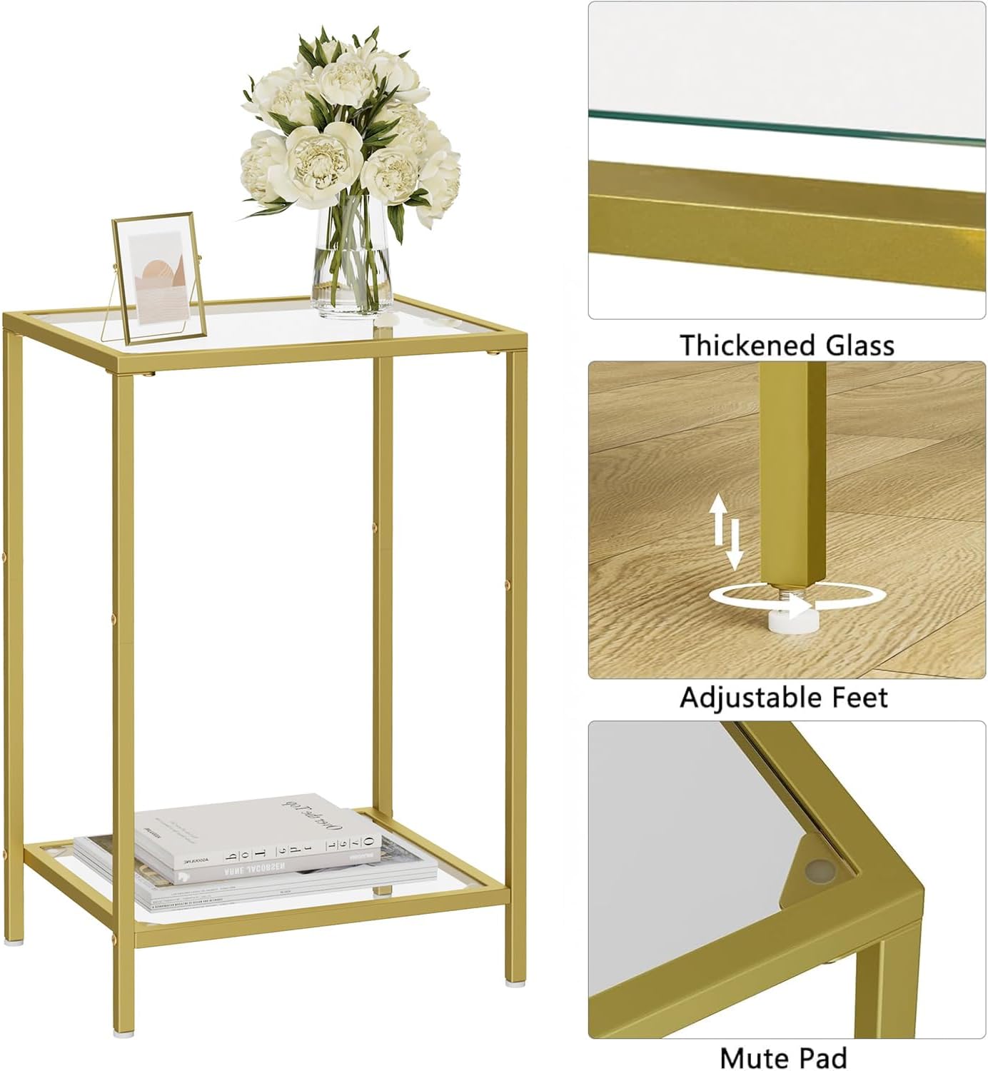 HOMSHO Side Tables Set of 2, End Tables with Tempered Glass, 2-Tier Nightstands with Storage Shelves, Coffee Table with Modern Style, Slim Sofa Table for Living Room, Bedroom, 11.8" D x 15" W, Gold
