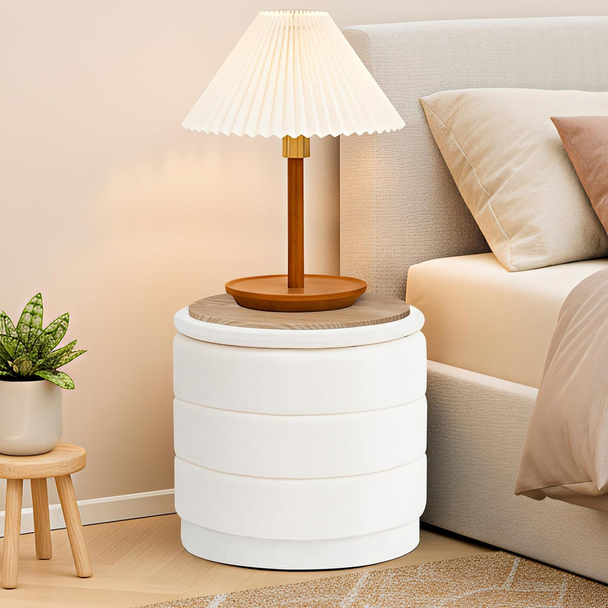 15.4" Round Velvet Storage Ottoman with Reversible Lid, Upholstered Circular Ottoman Footrest with Hidden Storage, Foldable Padded Footstool for Dorm Living Room & Bedroom, White