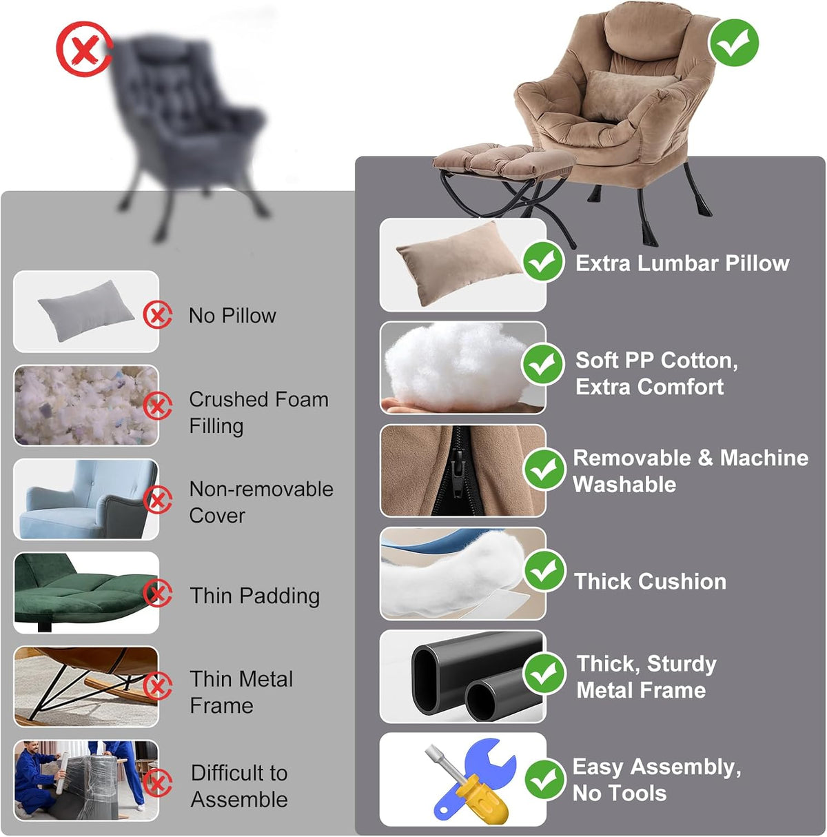 Lazy Chair with Ottoman, Comfy Chair with Pillow，Pure Khaki