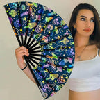 UV Glow Rave Fan, Bamboo Folding Clack Hand Fans Foldable for Men Women, Boots on the Ground Poping Fan for EDM Festival Line Dance Decoration, (Mushrooms and Skulls, Large 13")
