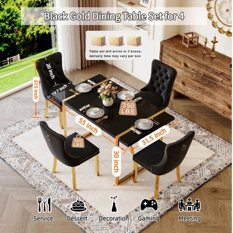 Black Dining Table Set for 4, 55" Black Glossy Top with Gold Metal Legs, Modern Dining Table Set for 4 & Velvet Tufted Chair with Gold Nailhead Trim, Luxry Kitchen Table Set Ideal for Dining Room,APT
