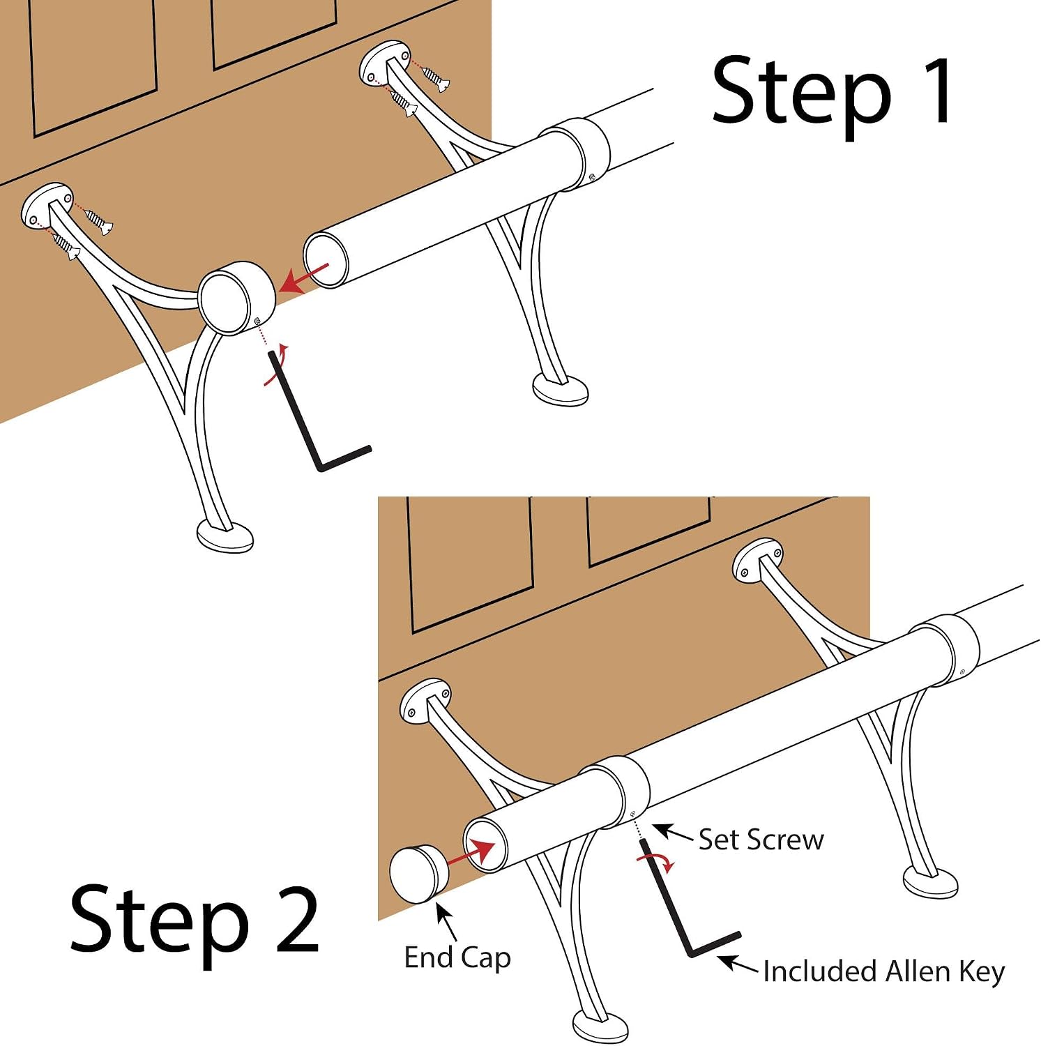 OUTWATER 2" Diameter x 20' Bar Foot Rail Kit - Complete Undercounter Mount Hardware and Tubing, Satin Stainless Steel Finish