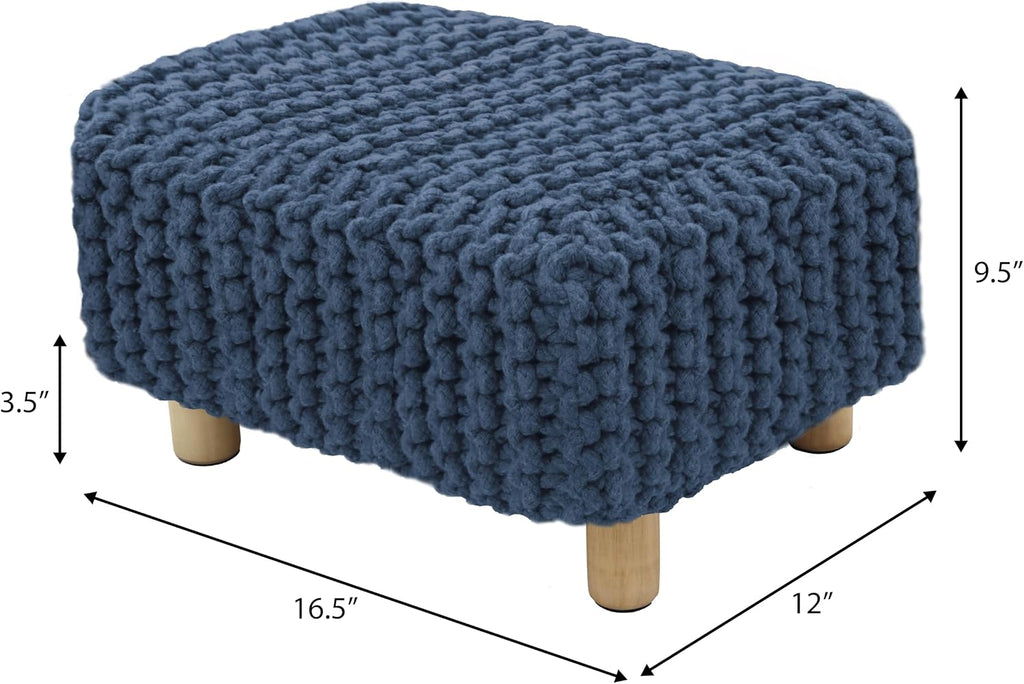 COTTON CRAFT Braided Footrest - Handknitted Dori Foot Stool with Sturdy Wood Legs – Handmade Boho Leg Rest - Small Spaces Under Desk Living Room Entryway Low Footstool Pouf - 16.5x12x9.5 - Blue