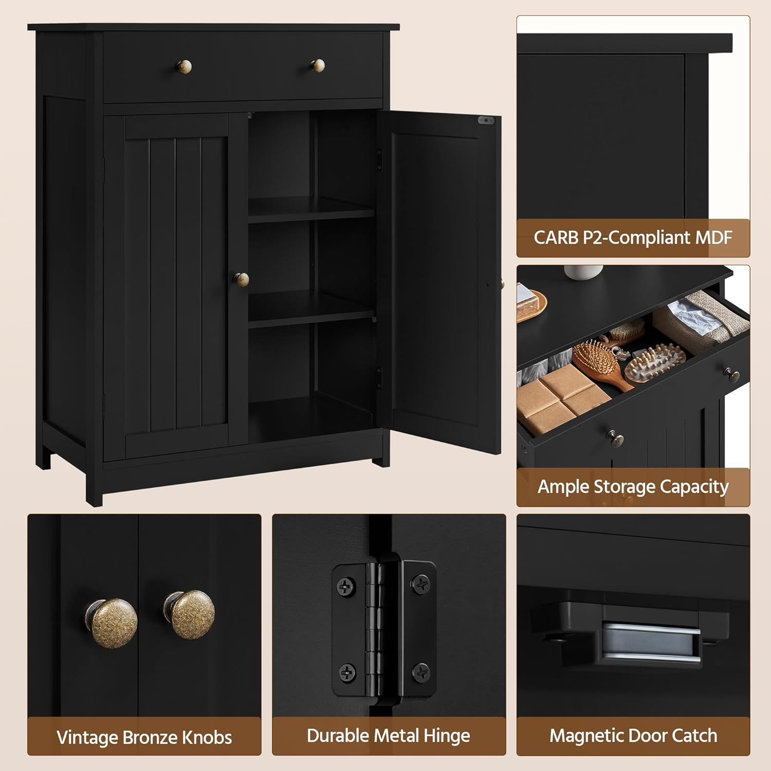 Yaheetech Bathroom Storage Cabinet with 1 Drawer and 2 Doors, Bathroom Floor Cabinet with Adjustable Shelf, Wooden Storage Units for Living Room, Entryway, Small Space, Black