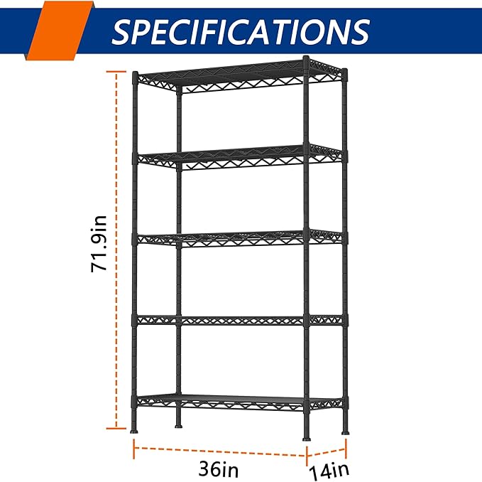 5-Shelf Adjustable Heavy Duty Storage Shelving Unit, Metal Organizer Wire Rack for Laundry Bathroom Kitchen Pantry Closet, Black