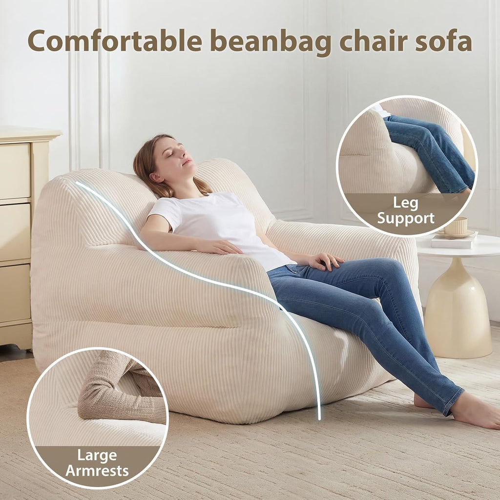 HUGHEAVEN Big Bean Bag Chair for Adults, Giant Oversized Bean Bag Couch, Comfy Reading Chair with Armrests, Soft Cozy Chair for Bedroom, Lounge Sofa for Gaming, Napping & Relaxing, Beige