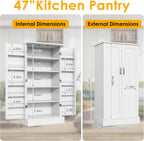 kepptory 47” Pantry Cabinet, Kitchen Pantry Storage Cabinet with Doors and Adjustable Shelves,Freestanding Buffet Cupboards Sideboard for Living Room and Dinning Room (White)