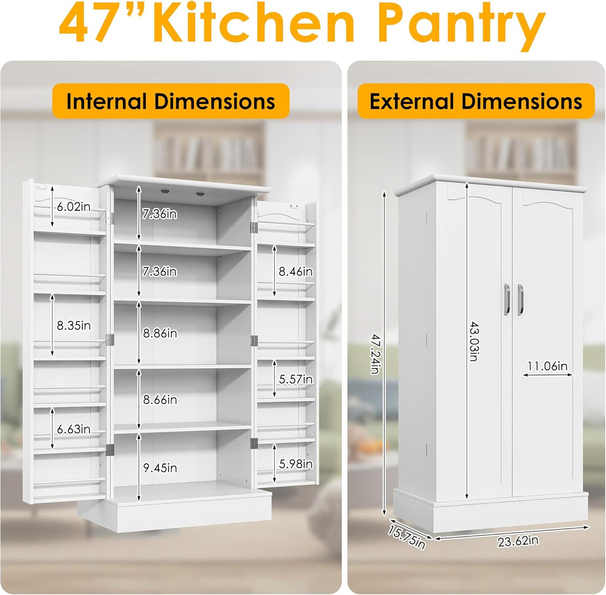 kepptory 47” Pantry Cabinet, Kitchen Pantry Storage Cabinet with Doors and Adjustable Shelves,Freestanding Buffet Cupboards Sideboard for Living Room and Dinning Room (White)
