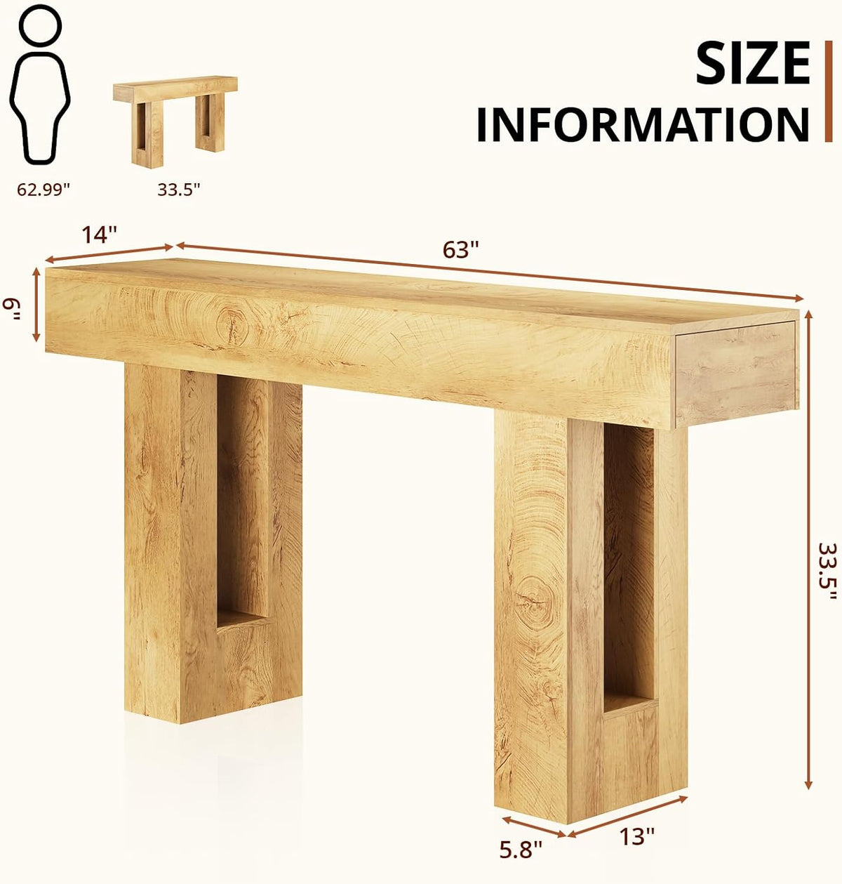Airynee 63 Inches Long Console Table for Entryway with Drawers, Wooden Sofa Table Behind Couch, Industrial Entry Table for Living Room, Foyer, Hallway, Natural Oak