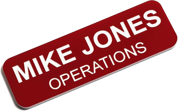 Custom Engraved Name Tag Badges – Personalized Identification with Pin or Magnetic Backing, 1 Inch x 3 Inches, Red/White