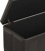 SIMPLIHOME Dover 36" Wide Vegan Leather Storage Ottoman in Tanners Brown | Contemporary ottoman with lift-top and safety hinges; upholstered rectangle storage bench for living room and entryway.