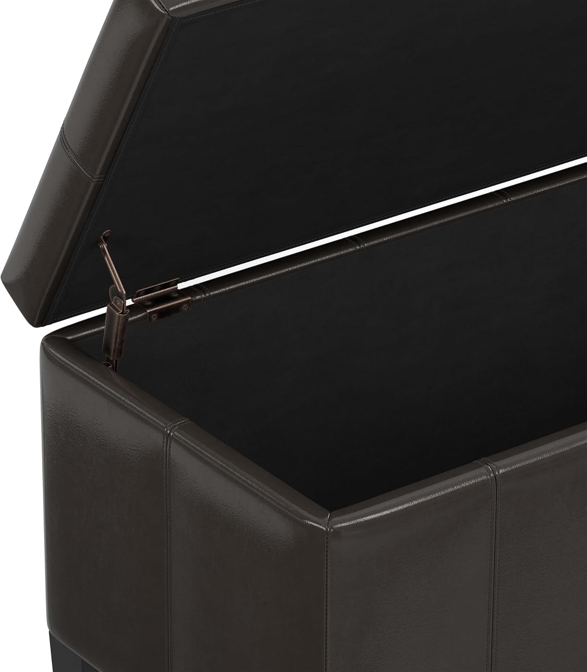 SIMPLIHOME Dover 36" Wide Vegan Leather Storage Ottoman in Tanners Brown | Contemporary ottoman with lift-top and safety hinges; upholstered rectangle storage bench for living room and entryway.