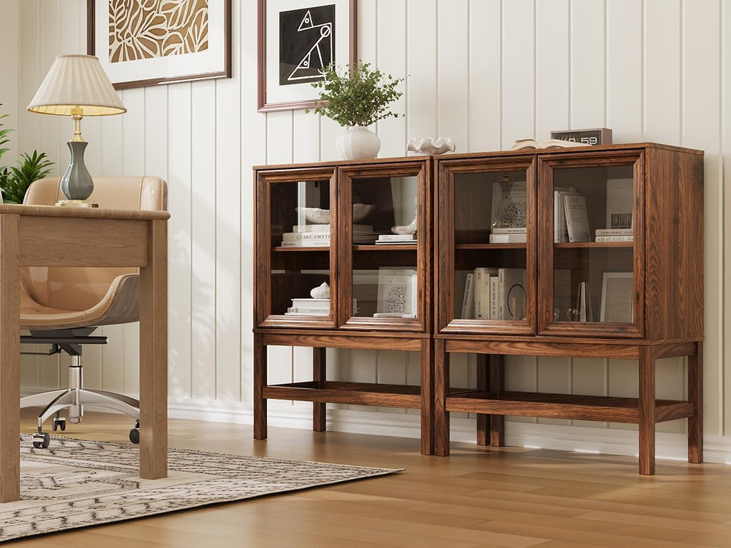 Sideboard Buffet Cabinet with Storage, Small Kitchen Coffee Wine Bar Cabinet with Glass Press-to-Open Doors, Wood Mid Century Modern Side Board Table for Dining Room, Living Room, Walnut