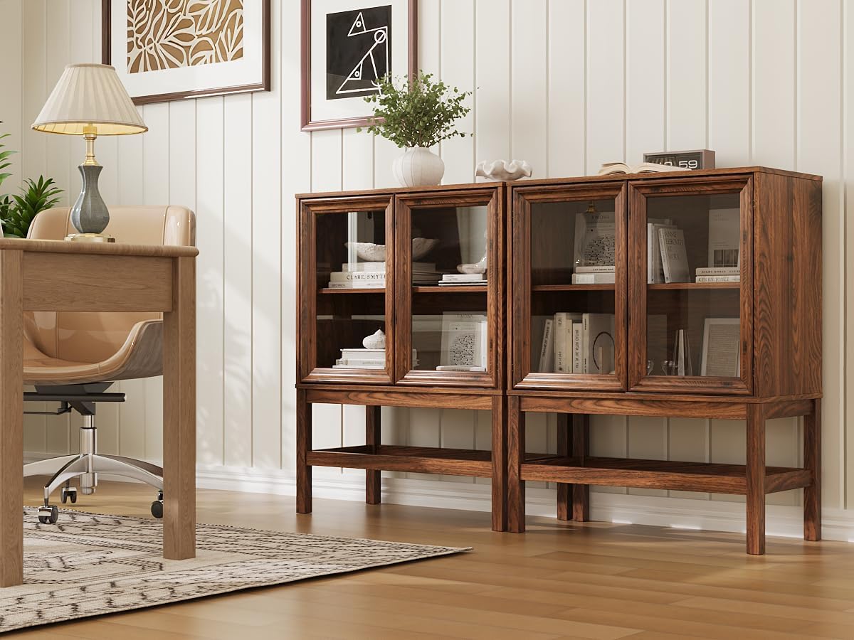 Sideboard Buffet Cabinet with Storage, Small Kitchen Coffee Wine Bar Cabinet with Glass Press-to-Open Doors, Wood Mid Century Modern Side Board Table for Dining Room, Living Room, Walnut
